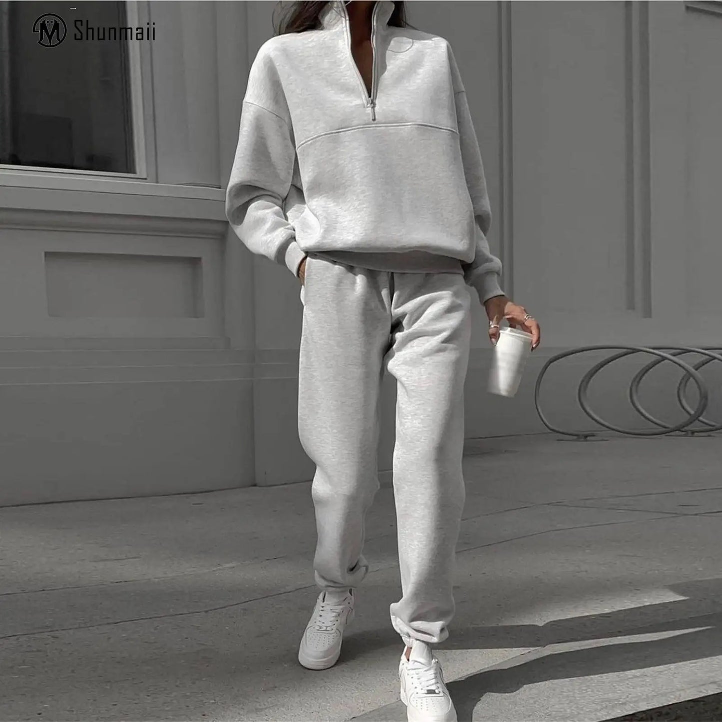 Stand Collar 2 Pieces Sweatshirt Set Drop Shoulder Women Casual Shirt Top Pants Sports Style Pullover Top Pants Vacation Outfit