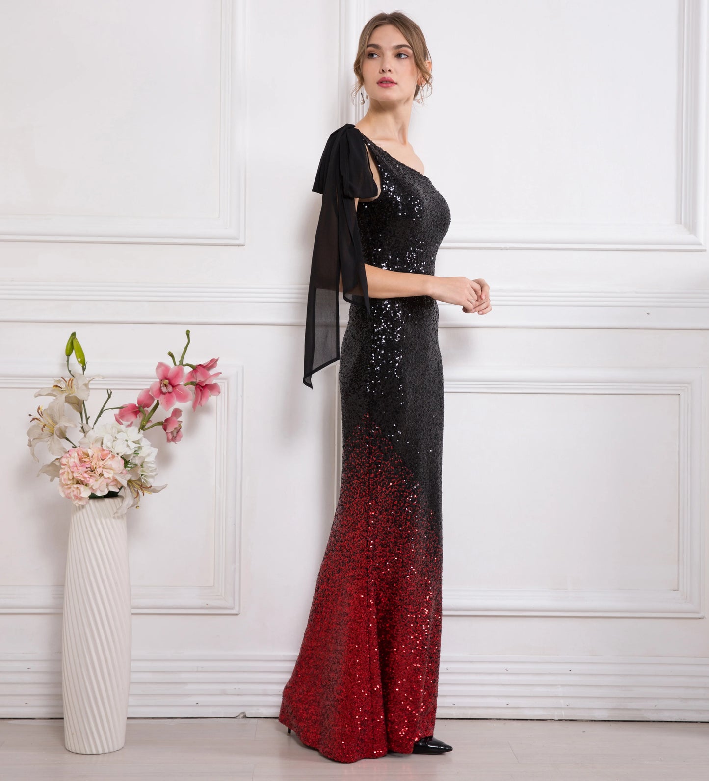 One Shoulder Gradient Sequin Black Red Chiffon Dress