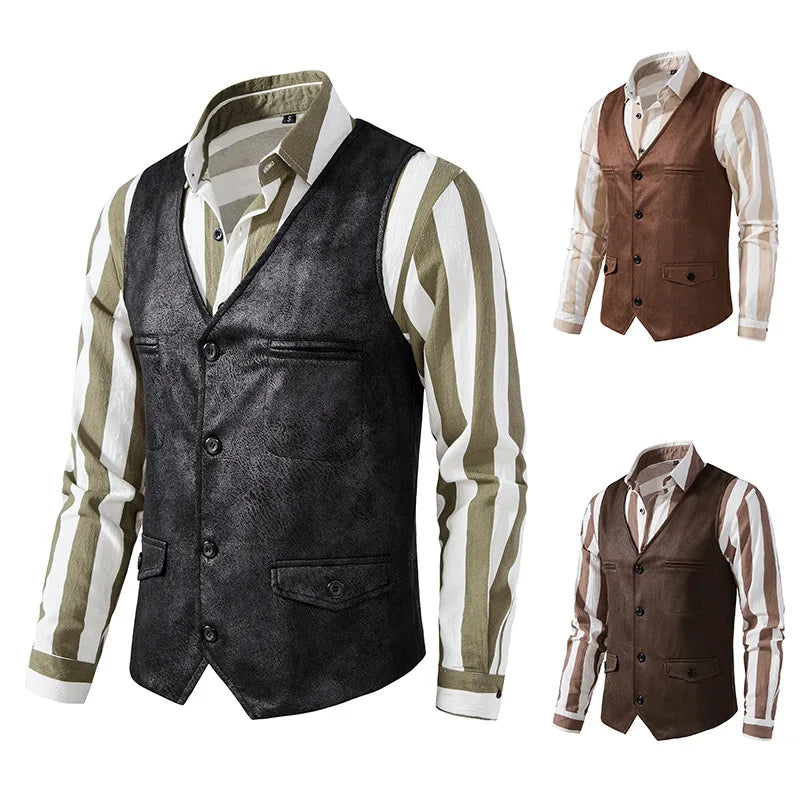 Men Vest V-neck Suede Single Breasted Jacket Casual Vest for Wedding Groomsmen