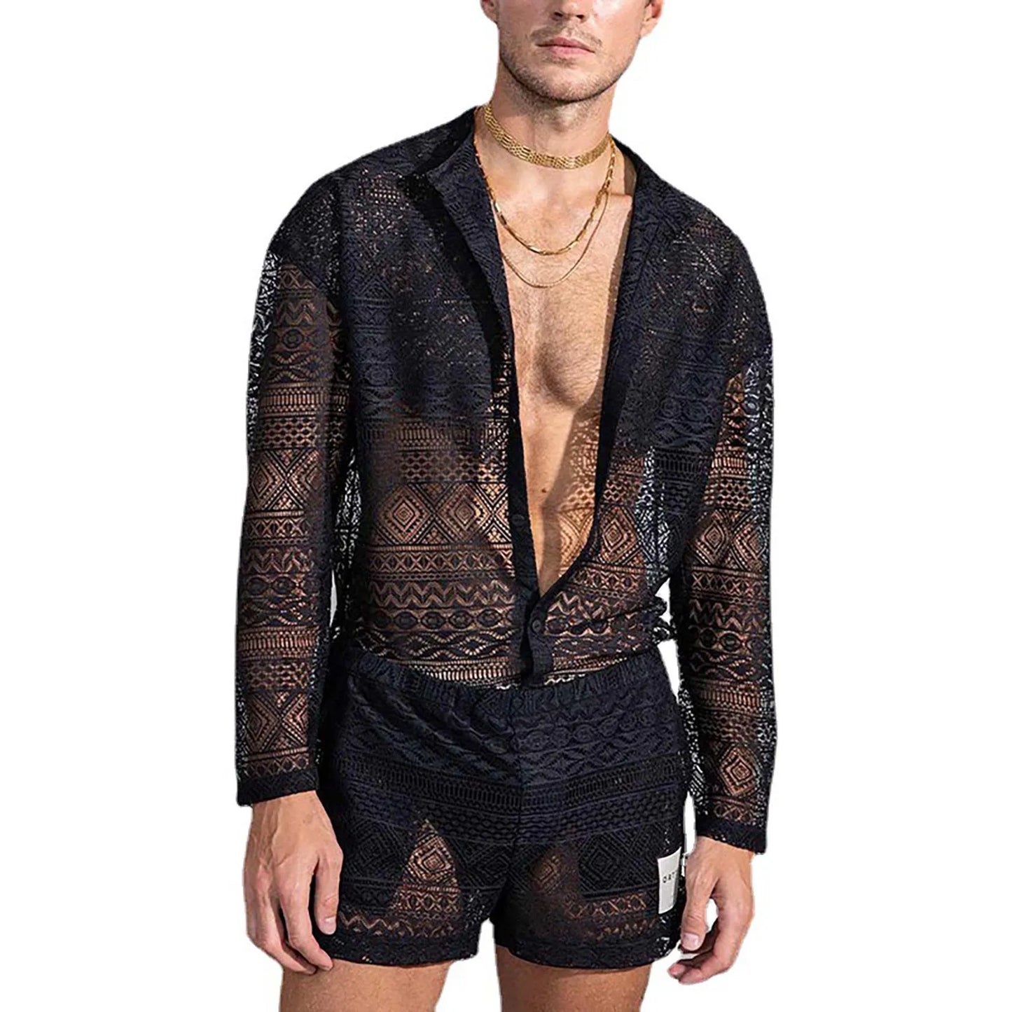 Hollow Out Sexy Lace Suit Fashion Long Sleeve Shirt