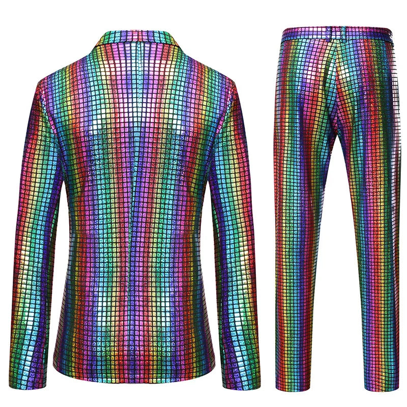 Shiny Rainbow Plaid Sequin Jacket Pants Stage Prom Suits