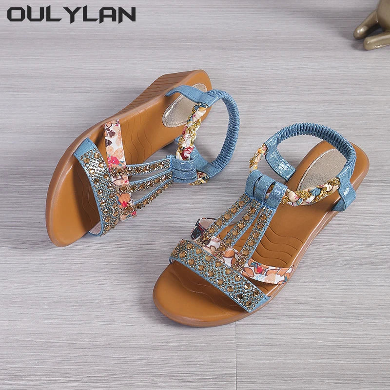 Women Wedge Summer Bohemia Rhinestones Casual Platform Sandals