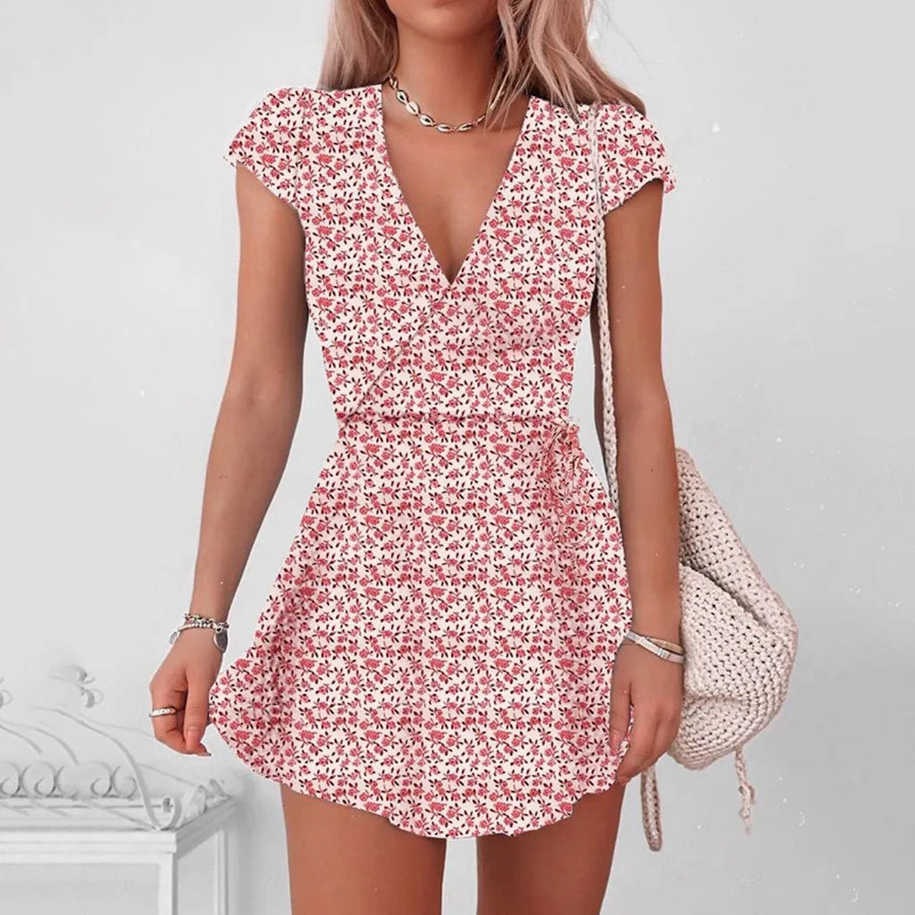 Floral Print Half V-Neck Mini Sleeve Dress