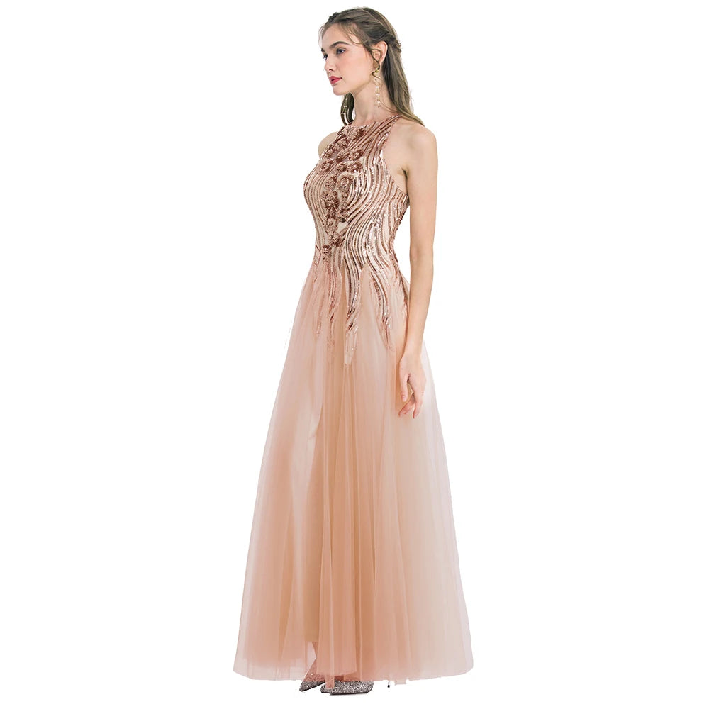 Angel-fashions Luxury Sequin Splicing Tulle Prom Dres