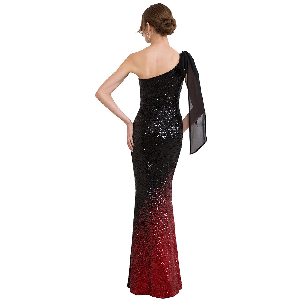 One Shoulder Gradient Sequin Black Red Chiffon Dress