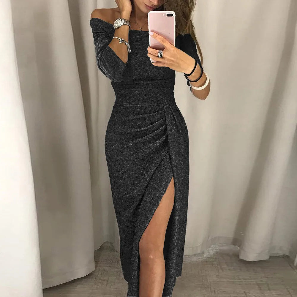 New  Sequin Bodycon Off Shoulder Long Sleeve  Evening Dress